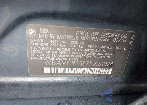 2007 BMW 328Xi from USA, damaged, VIN WBAVC93587KX61024